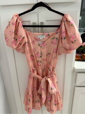 LoveShackFancy Rose-Pink Floral V-Neck Mini Dress